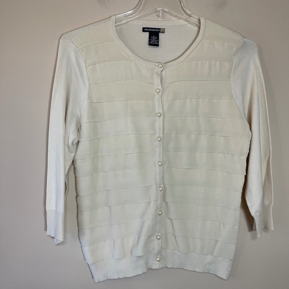 Sweaterworks Womens Cream Tiered Ruffle Pearl Button 3/4 Sleeve Cardigan Large